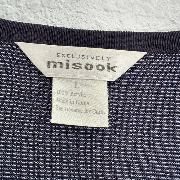 Exclusively Misook Knit Open Front Cardigan Sweater Large Navy Pinstriped Modest - Picture 4 of 6
